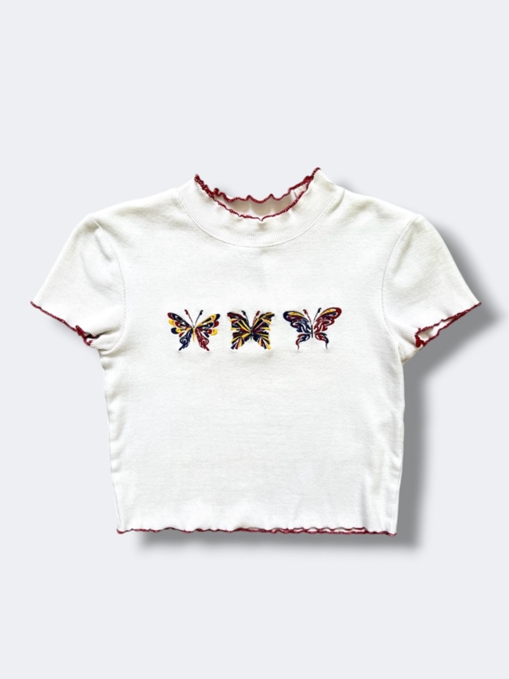 ALAB Cropped Baby Tee Women Small White Ribbed Embroidered Butterflies Y2K